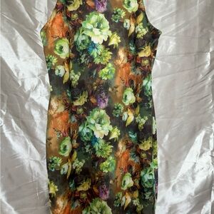 New York & Company Floral Midi Dress - Green, Yellow, Orange